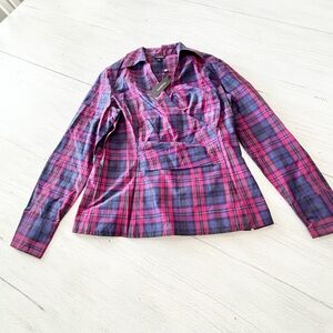 New TALBOTS Women’s Purple FAUX WRAP Plaid Long Sleeve Blouse Silk Cotton Sz 8